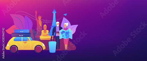 Senior couple abroad road trip. Elderly people on around world sightseeing tour. Retirement travel, traveling on pension, slow travel method concept. Header or footer banner template with copy space.