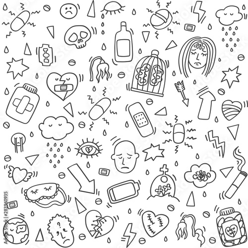 Set of depression doodles. Set of heartbreak doodle. Depression signs and symptoms. Concept of stress, sadness, depression, metaphor isolated on white background. 