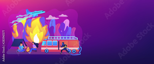 Firefighting emergency service. Fireman with hose character. Prevention of wildfire, forest and grass fire, conflagration safety engineering concept. Header or footer banner template with copy space.
