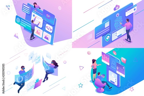 Set isometric on the topic of web design, information security, mobile application testing, alternative reality. For website and mobile website development