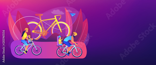 Healthy lifestyle, parents and children doing sport together. Cycling experiences, family bike walks, best bike trails, modern cycling gears concept. Header or footer banner template with copy space.