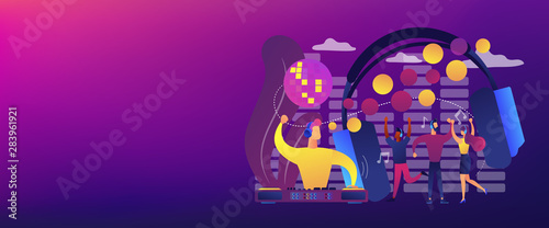 Young people dancing in night club, listening to music, DJ concert. Silent disco, headphones party, quiet rave party, silent disco equipment concept. Header or footer banner template with copy space.