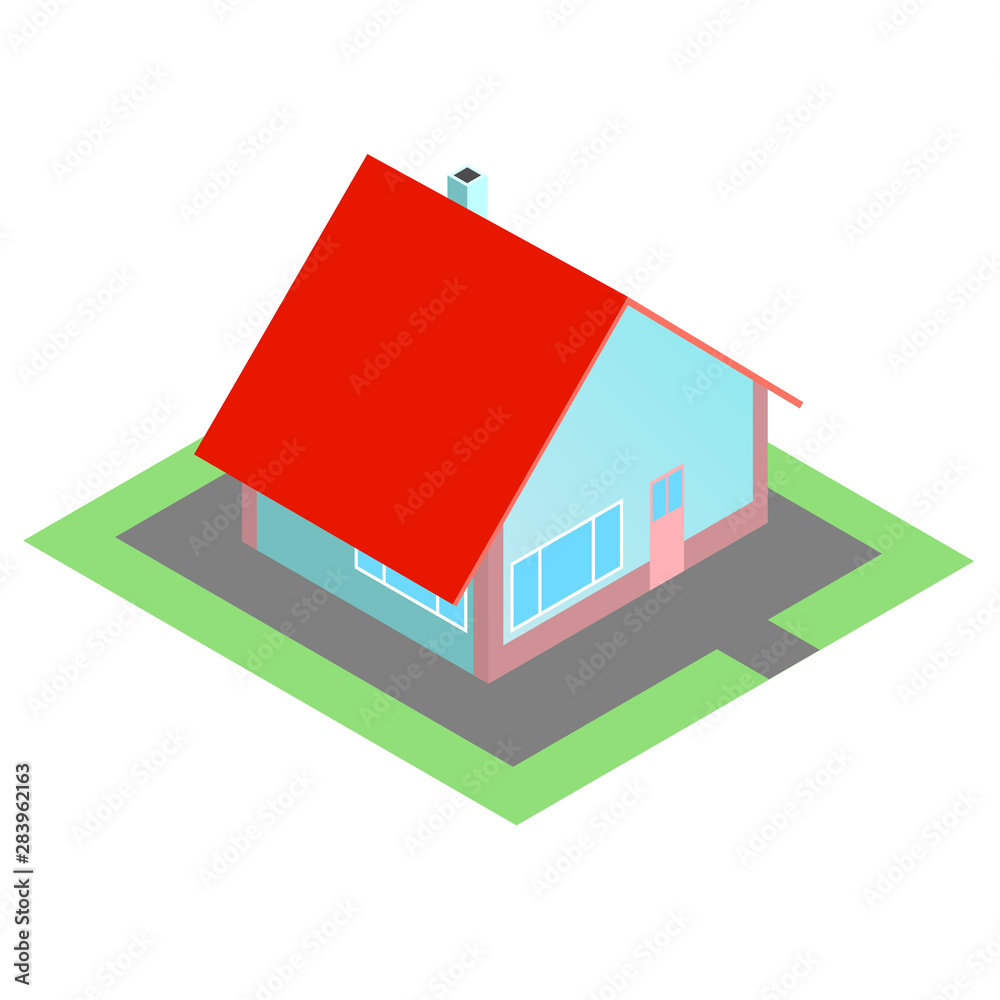 Illustration of a private house with a red roof and blue walls. Two windows and front door. Around the green area. Vector isometry with isolated background. Illustration of a private house with a red roof and blue walls. Two windows and front door. Around the green area. Vector isometry with isolated background.