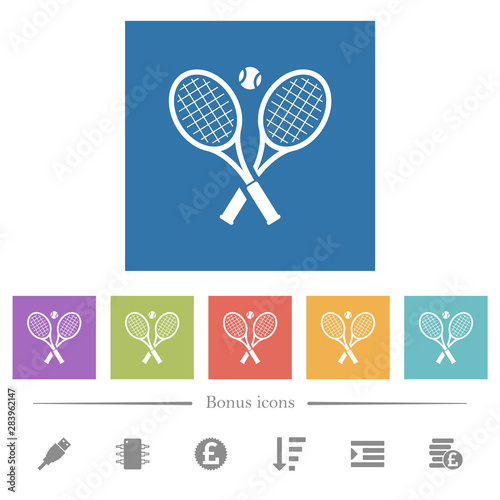 Tennis rackets with ball flat white icons in square backgrounds