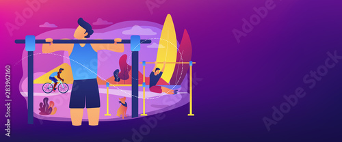 Man training in park, outside gym. Outdoor workout, best bodyweight exercises, outdoor workout equipment, break your routine trainings concept. Header or footer banner template with copy space.