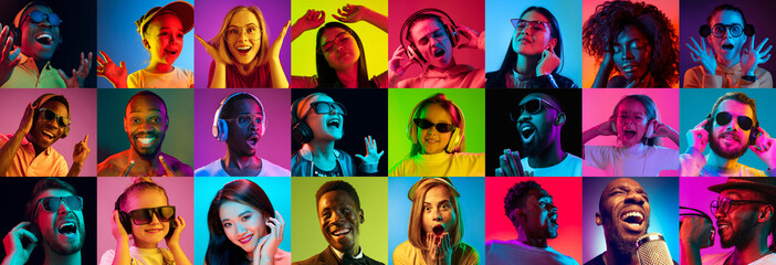 Beautiful male and female portrait on multicolored neon light backgroud. Smiling, surprised, screaming, dance. Human emotions, facial expression. Creative collage made of different photos of 14 models