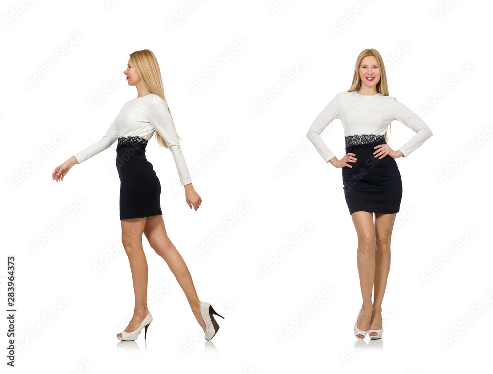 Pretty woman in black and white dress isolated on white Pretty woman in black and white dress isolated on white