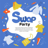 Vector illustration about swap party, event of exchange old wardrobe for new. Eco friendly party, exchange clothes, shoes and accessories. Template for banner, poster, layout,flyer, invitation, advert