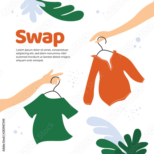 Vector illustration for swap shop or party, event of exchange old wardrobe for new. Two hands with clothes hangers. Exchange clothes. Template for banner,poster, layout,flyer, invitation,advert, print photo