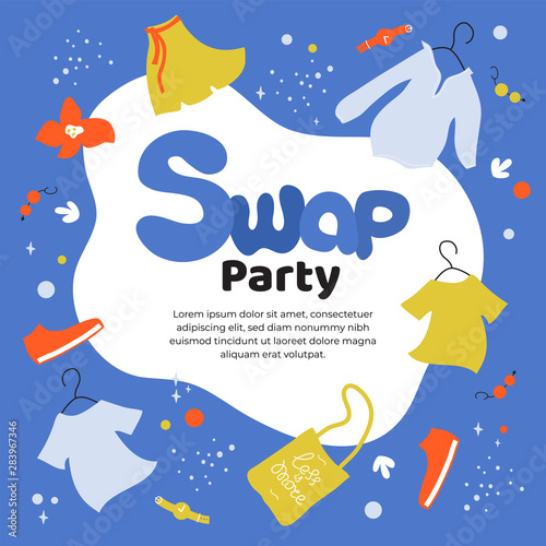 Vector illustration about swap party, event of exchange old wardrobe for new. Eco friendly party, exchange clothes, shoes and accessories. Template for banner, poster, layout,flyer, invitation, advert photo