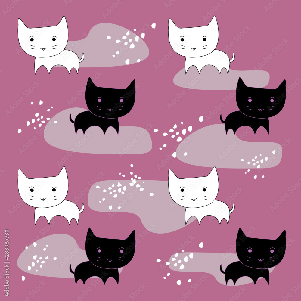 Kawaii black and white cats on pink background