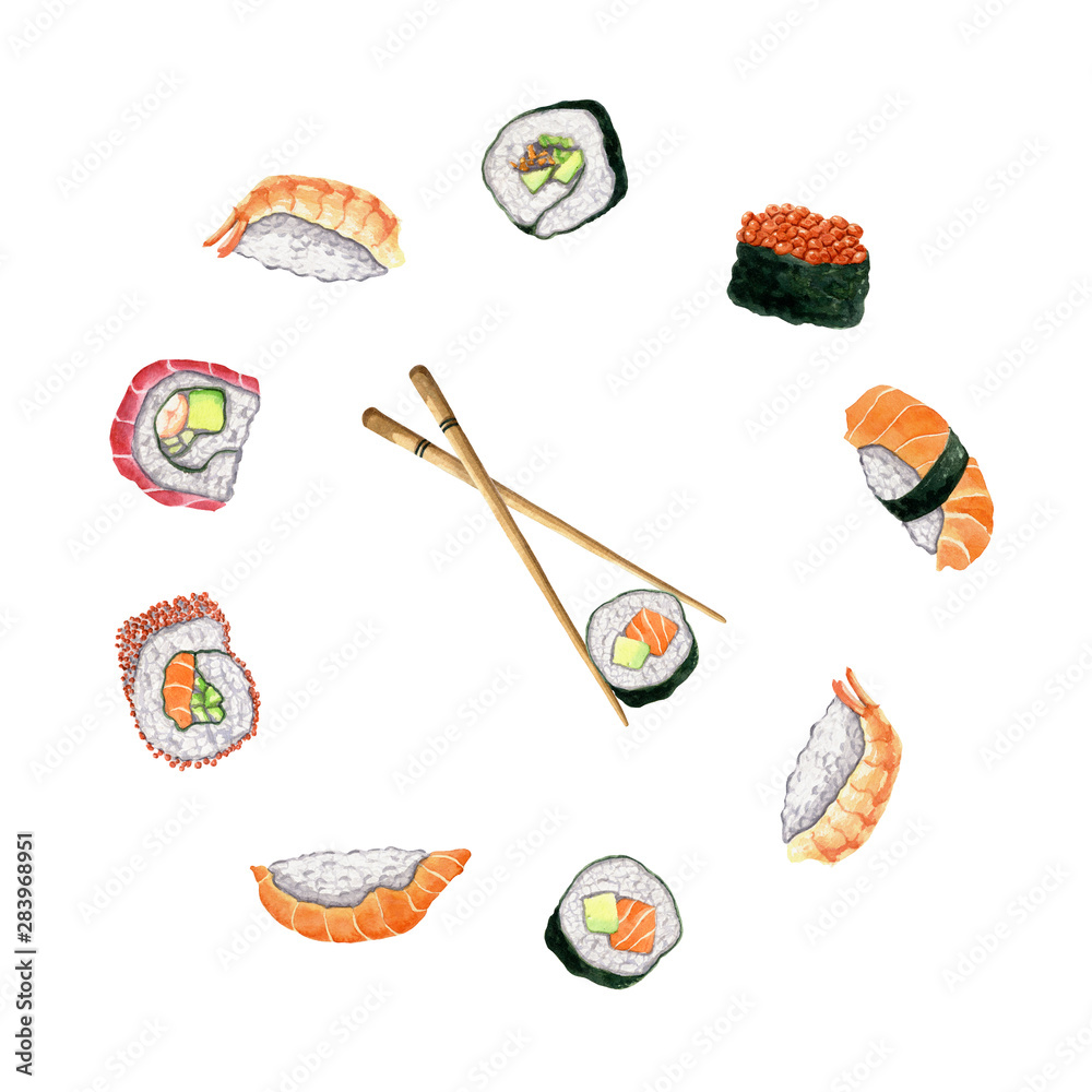Watercolor sushi illustration. Illustrated Japanese food. Different ...
