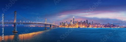 Wallpaper Mural San Francisco Bay Bridge and San Francisco downtown in wide panorama photo