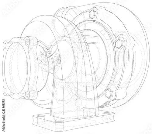 Turbocharger with wire-frame isolated on white background. Illustration created of 3d.