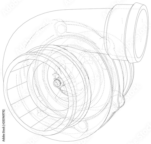 Automotive turbocharger line sketch isolated on white background. Vehicle performance turbo. Car turbocharger sign. Vector rendering of 3d.