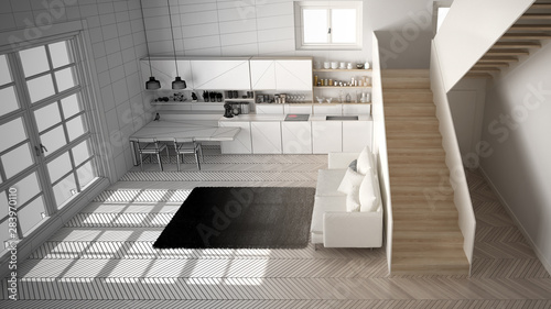 Fototapeta Naklejka Na Ścianę i Meble -  Architect interior designer concept: unfinished project that becomes real, minimalist modern kitchen with staircase, living room, modern interior design concept idea, top view