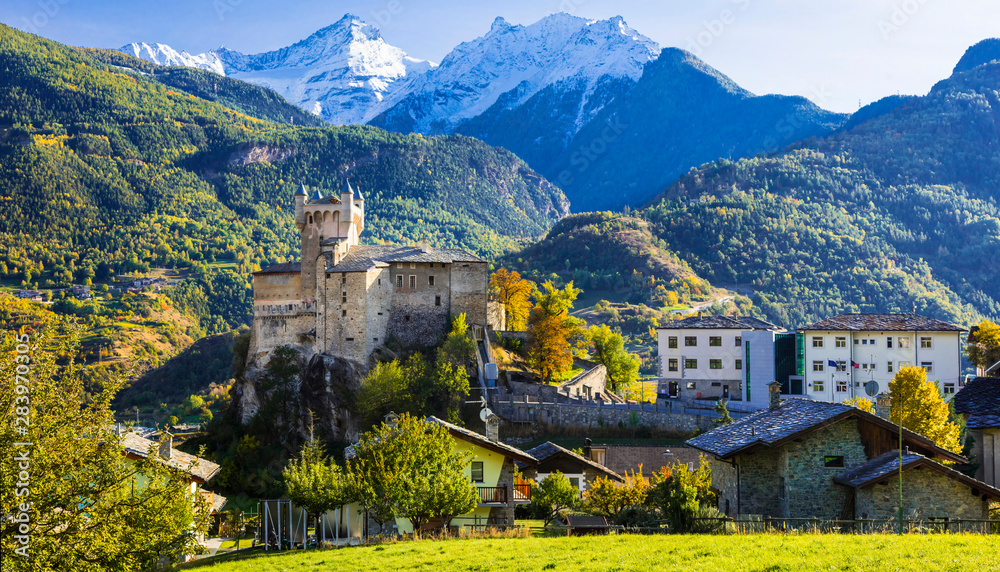 Impressive Alps mountains landmscape, beautiful valley of castles and vineyards - Aosta, northen Italy