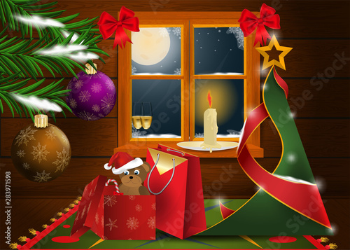 Christmas and 8 new year interior in a wooden room with a window and a view of the moonlit night with fir branches, toys