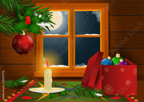 Christmas and 1 new year interior in a wooden room with a window and a view of the moonlit night with fir branches, toys
