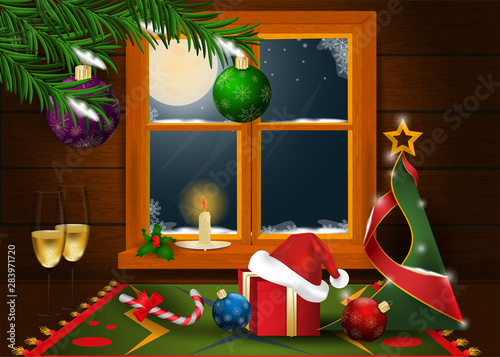 Christmas and 2 new year interior in a wooden room with a window and a view of the moonlit night with fir branches, toys