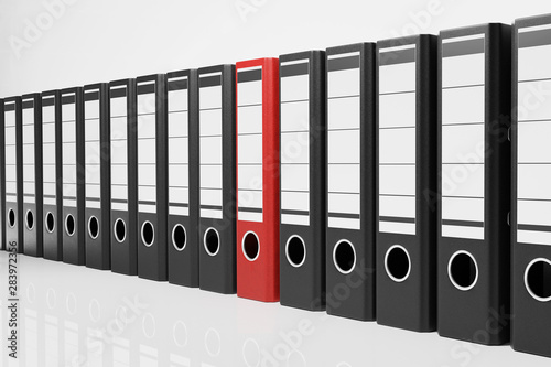 Schilderij op canvas large row of black office folders with one red binder, conceptual archive 3D Ill