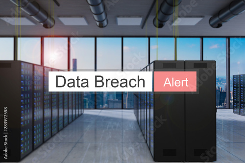 data breach in red search bar large modern server room skyline view, 3D Illustration