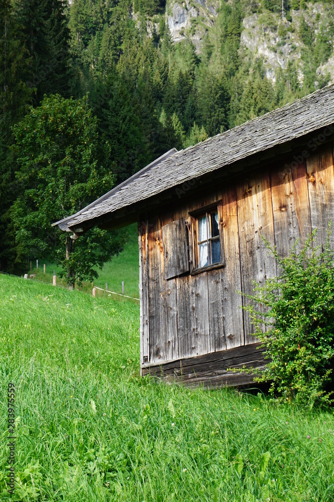 alte Berghütte aus Holz mit kleinen Fenster im Grünen alte Berghütte aus Holz mit kleinen Fenster im Grünen
