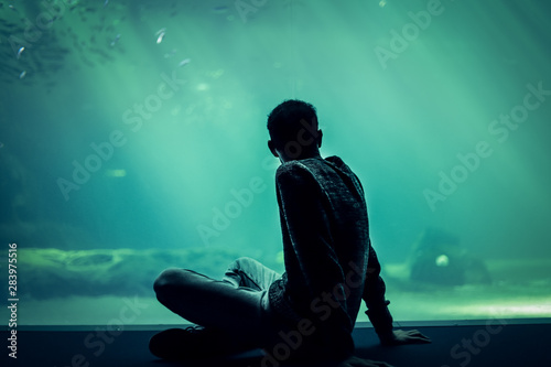Un homme assis regardant à travers un aquarium