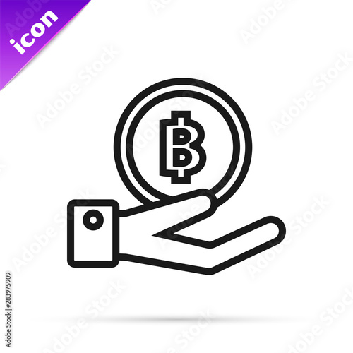Black line Hand holding Bitcoin icon isolated on white background. Blockchain technology, digital money market, cryptocoin wallet. Vector Illustration