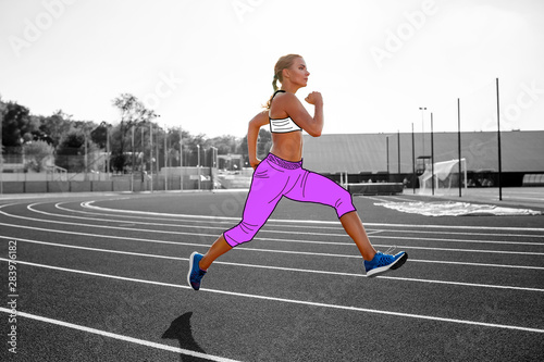 Woman athlete in a cartoon sport clothes is running by the track of a professional stadium.