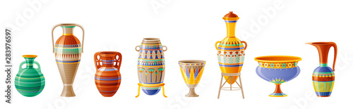 Egyptian crockery icon set. Vase, pot, amphora, jug. Old geometric floral ornament decoration from ancient Egypt clay art craft. Cartoon 3d realistic, vector illustration isolated on white background