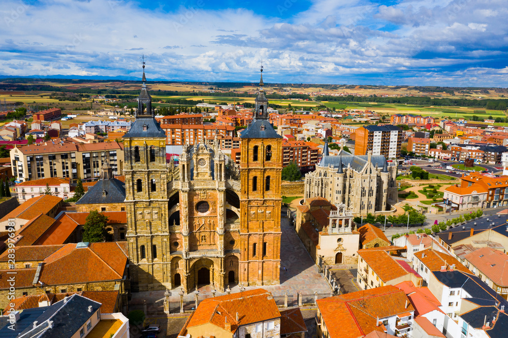 Cathedral and Episcopal Palace of Astorga in summer. Castile and Leon. Spain