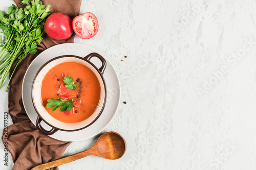 Spanish cold gazpacho soup with tomatoes, pepper, garlic and fresh herbs in a dark plate on a light background top view with copyspace