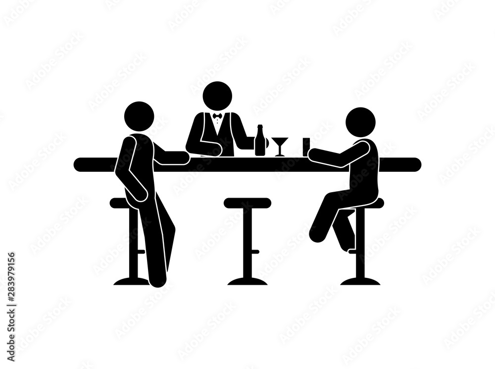 people at the bar, bartender at the bar, stick figure human silhouettes, simple flat illustration, drinks in glass and bottle, man icon people at the bar, bartender at the bar, stick figure human silhouettes, simple flat illustration, drinks in glass and bottle, man icon