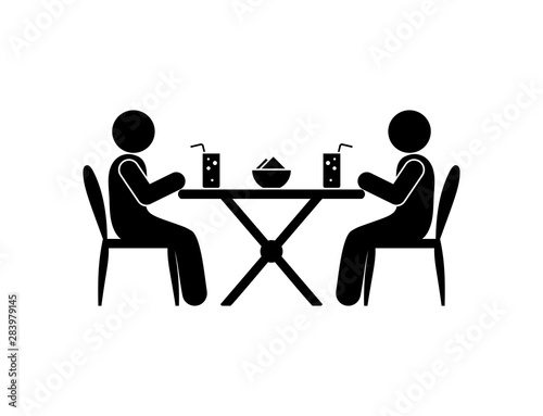 people sit in a restaurant, have lunch, sticks figure human silhouettes, cafe illustration, drinks on the table, man icon