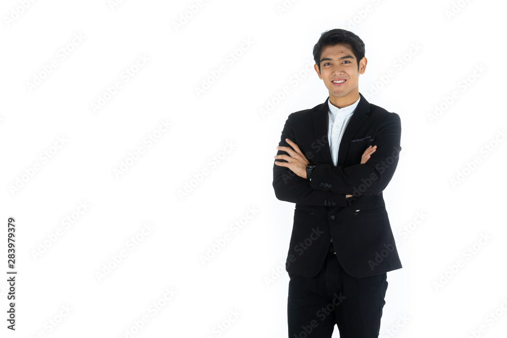 Handsome young businessman Asian caucasian wear a black suit with black hair, be a smile and standing poses by crossed his arm. On white background Handsome young businessman Asian caucasian wear a black suit with black hair, be a smile and standing poses by crossed his arm. On white background