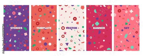 Social media stories banners set, story, texture with geometric shapes, templates for cover, flyier, brochure, vector trendy backgrounds collection.