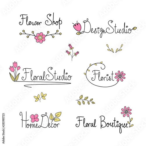 Floral logo for flower shops, florists and design studios. Doodle compositions with hand drawn text. lettering for cards and postcards. Wedding and happy birthday compositions.  Invitation and greetin