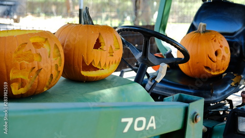 Halloween pumpkins on tractor