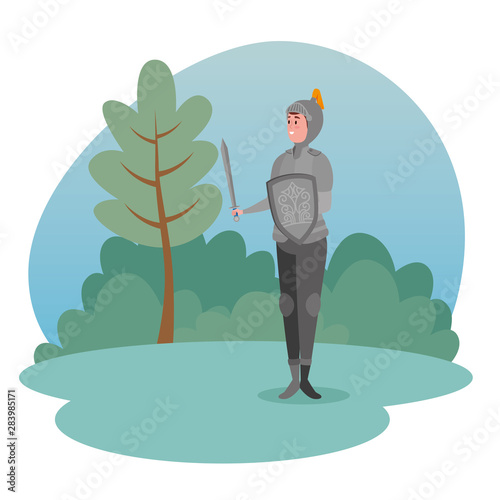 sir with armor and shield next to tree and bushes plants