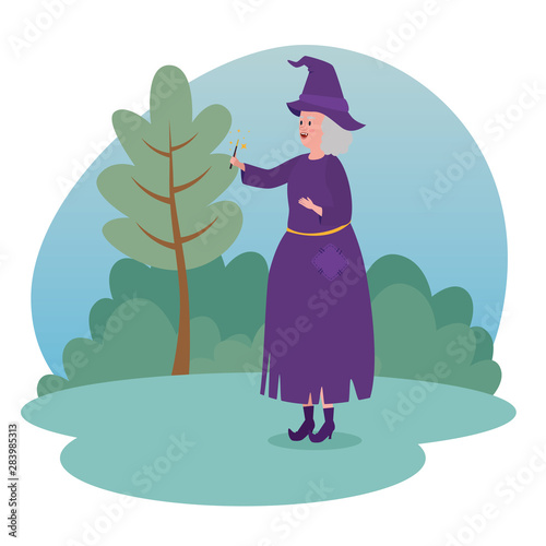 old woman witch with magic wand and hat