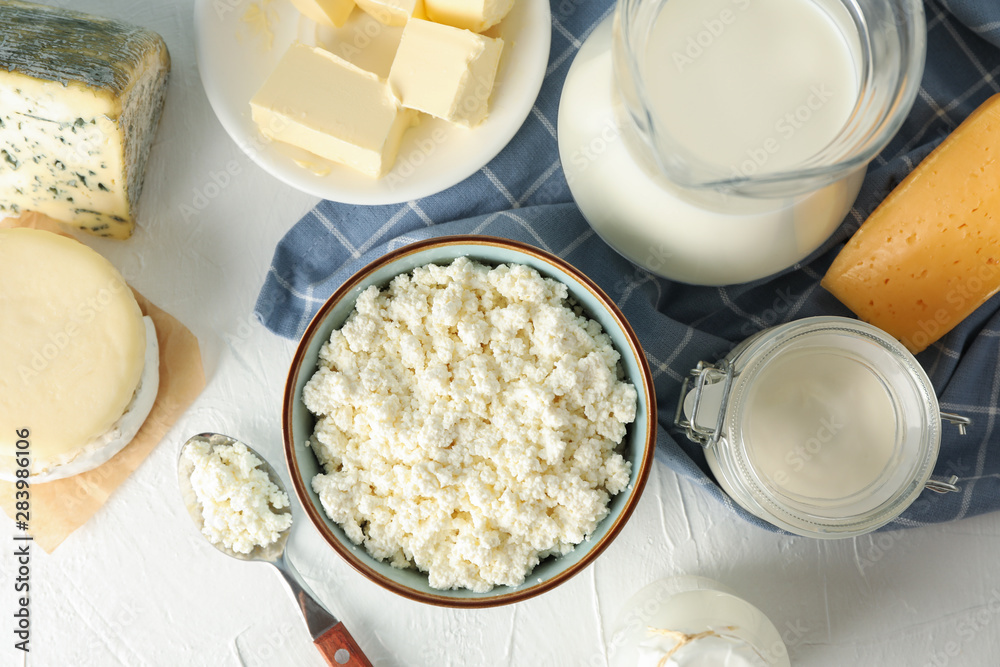 Different dairy products on white background, top view Different dairy products on white background, top view