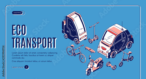 Eco transport isometric landing page, electric car, bicycle, segway, hoverboard, scooter and skateboard ecological friendly transportation, city vehicles 3d vector illustration, web banner, line art