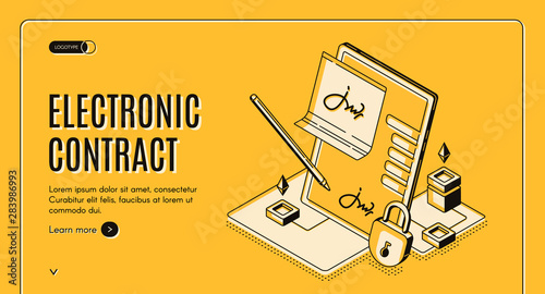Electronic contract isometric web banner, e-signature on document at tablet screen with stylus pen and padlock, digital signing service secured internet technology, 3d vector landing page, line art
