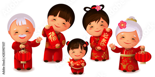 Happy chinese family celebrate Lunar New Year.Spring festival.Chinese signs on scrolls mean richness and to meet spring