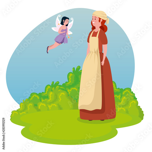 fairy flying and girl medieval peasant with bushes plants
