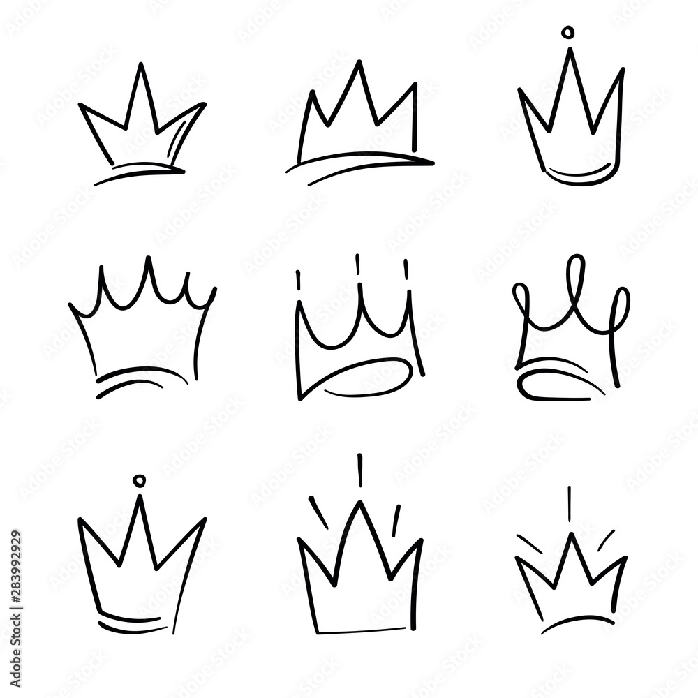 Fototapeta Hand drawn crowns logo set for queen icon, princess diadem symbol, doodle illustration, pop art element, beauty and fashion shopping concept