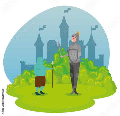 soldier with armor and troll with spear and bushes plants