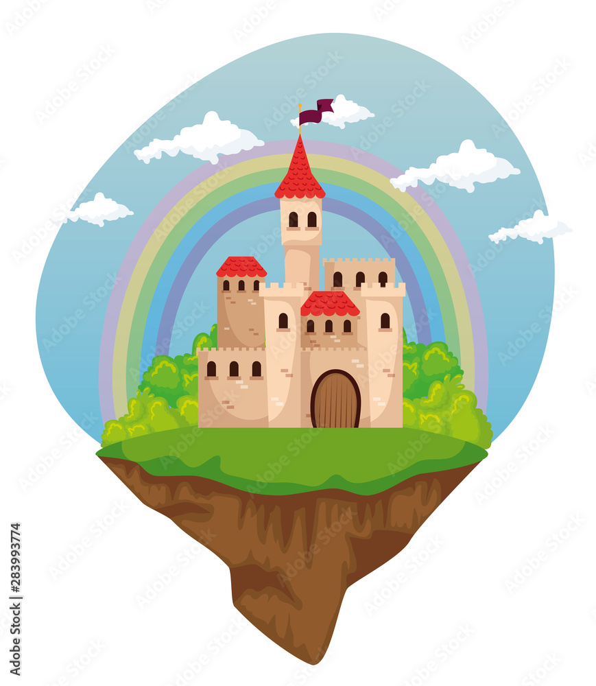 cute medieval castle with flag and rainbow with clouds