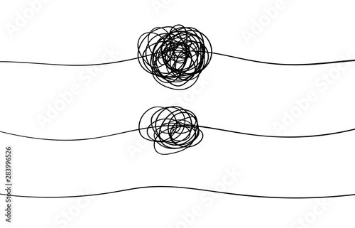 Tangled line shape.Set of symbol of complicated way with scribbled round element, chaos sign, pass the way linear arrow with clew or tangle ball in center. Vector illustration